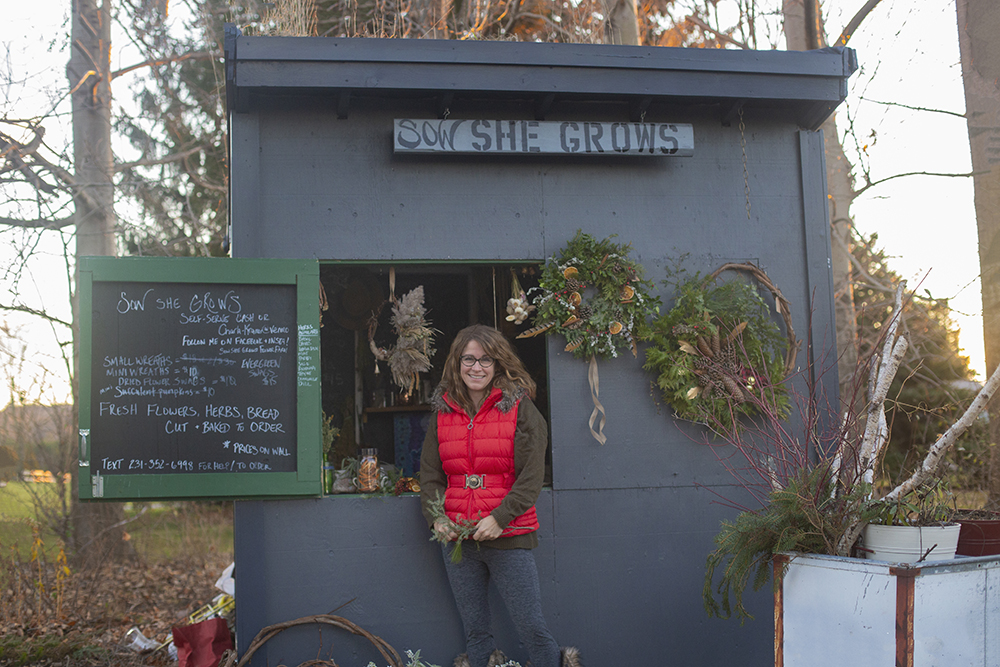 Charla Burgess Sow She Grows Farm Frankfort Michigan holiday wreath Christmas decoration flowershed flower shed woman farmer The Betsie Current Q&A Aubrey Ann Parker Photography