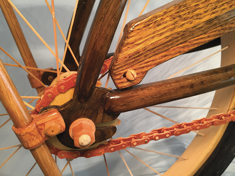 The gears on one of three wooden Schwinn Stingray bikes that Kurt Swanson entered in the 2015 ArtPrize in Grand Rapids. Photo courtesy of Kurt Swanson.