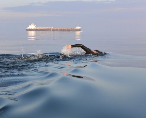 Jon Ornée swims Lake Micigan Manitou passage Pyramid Point to North Manitou Island