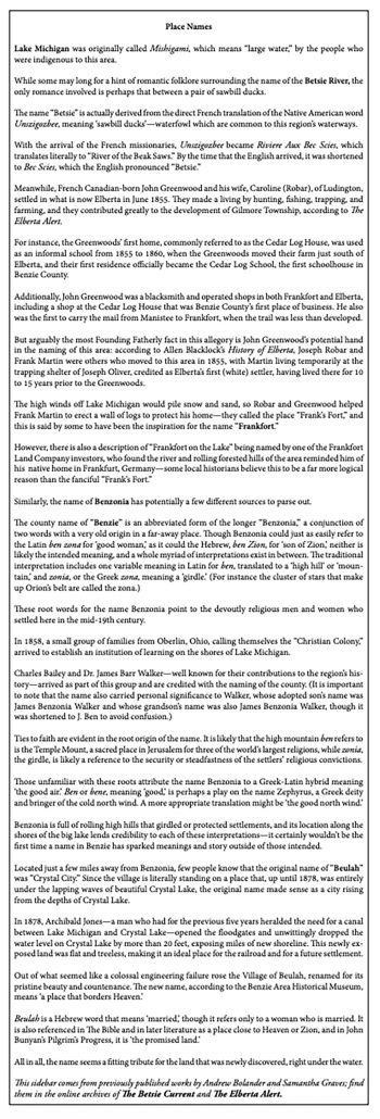 names of Benzie County Benzonia beulah frankfort thompsonville elberta lake Ann platte river copemish the Betsie current newspaper